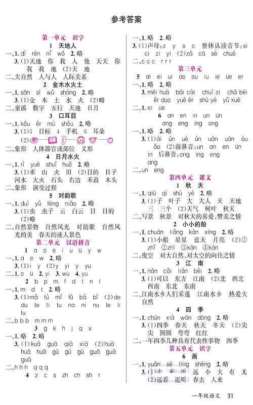 名校1号金牌作业语文一年级上册预习单（参考答案）.pdf 第1页