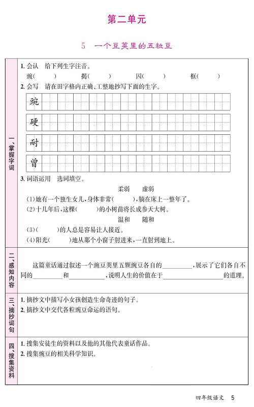 名校1号金牌作业语文四年级上册预习单_第二单元  5 一个豆荚里的五粒豆.pdf 第1页