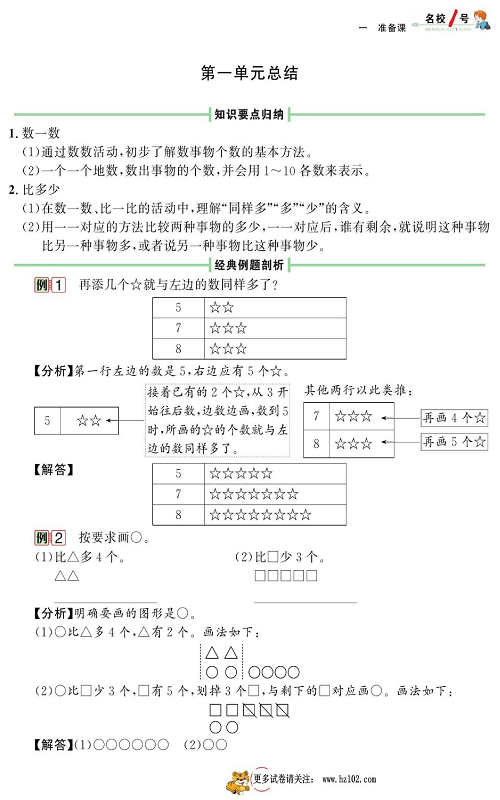 人教版数学一年级上册金牌作业本同步课本《第一单元总结》.pdf 第1页