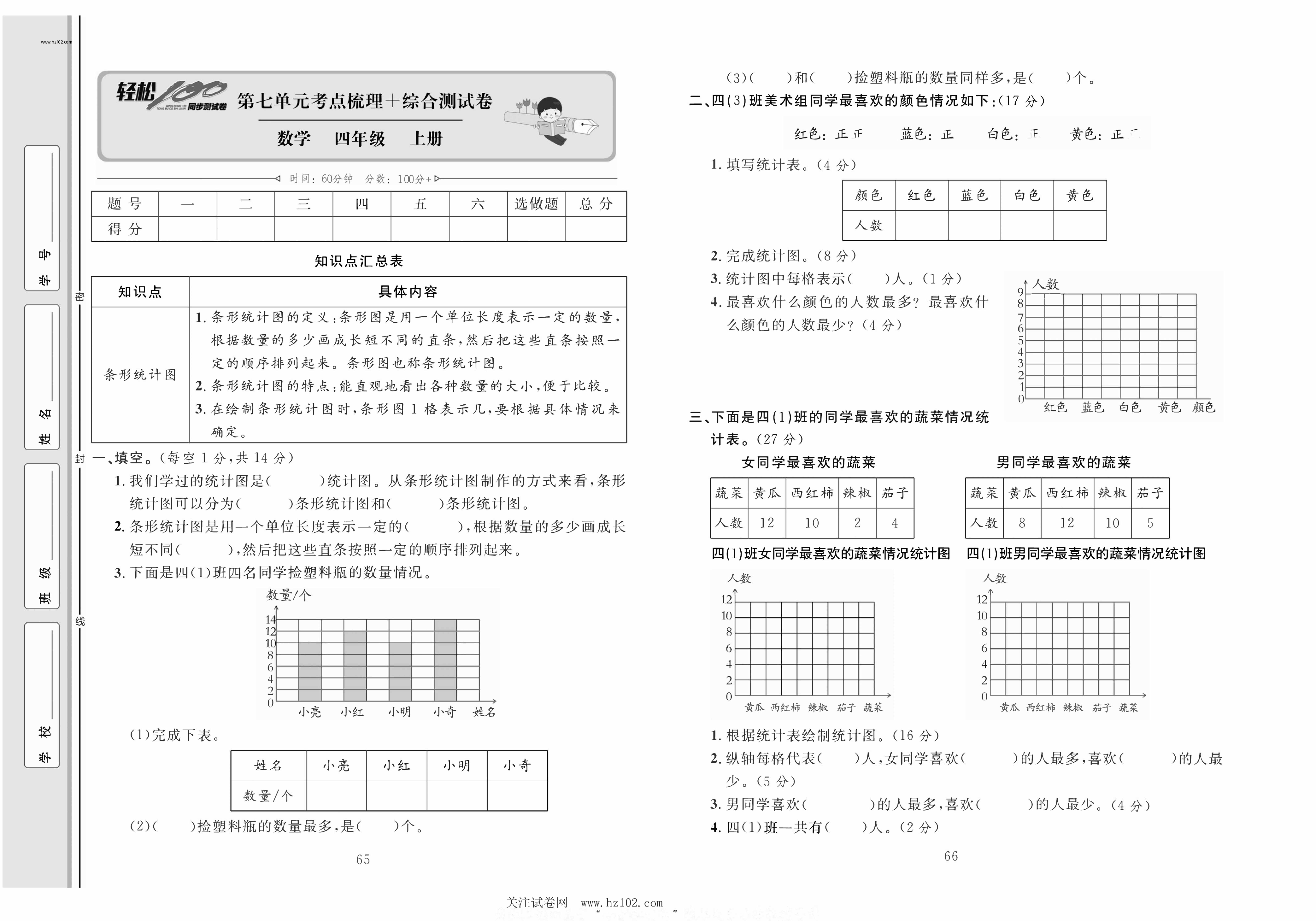 轻松100同步测试卷四年级上册数学人教版_第七单元考点梳理+综合测试卷 第1页