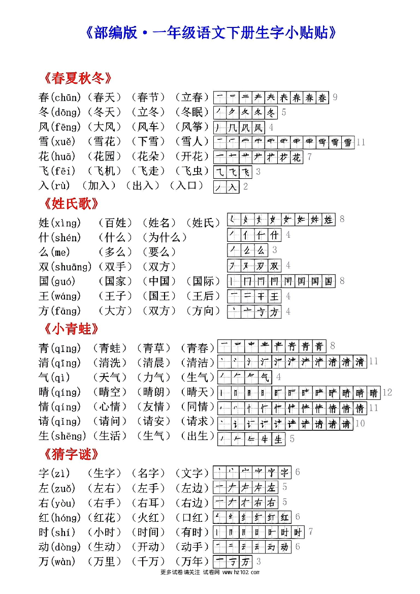 【一年级】下册语文课课贴-生字组词笔顺.pdf 第1页