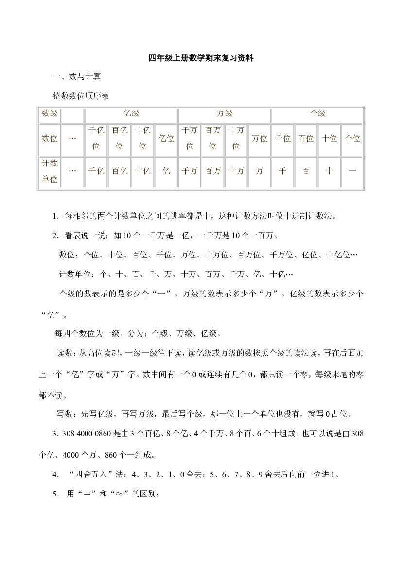 人教版四年级上册数学期末复习资料.doc 第1页