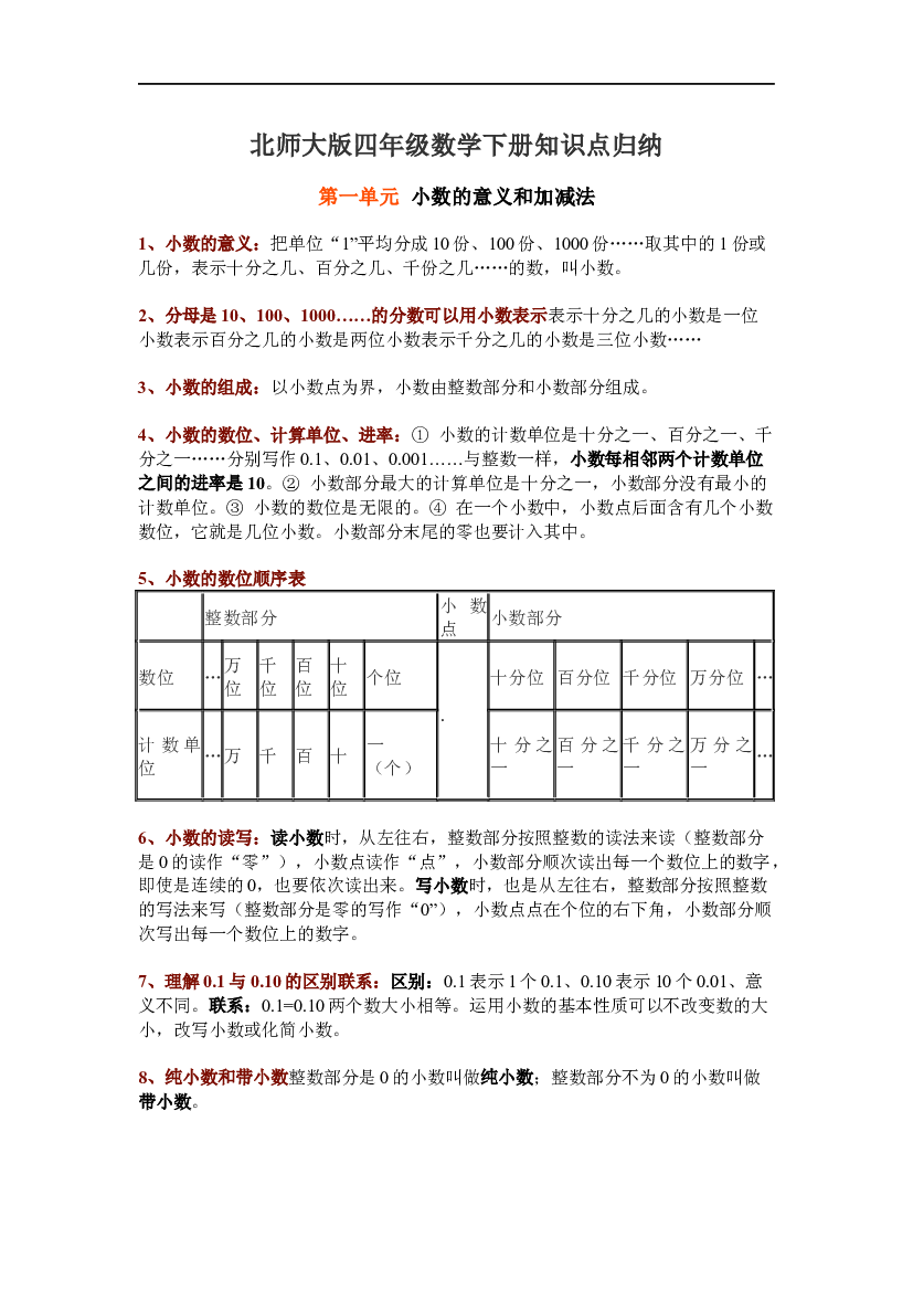 北师大版小学四年级数学下册全册知识点归纳(通用7页).docx 第1页