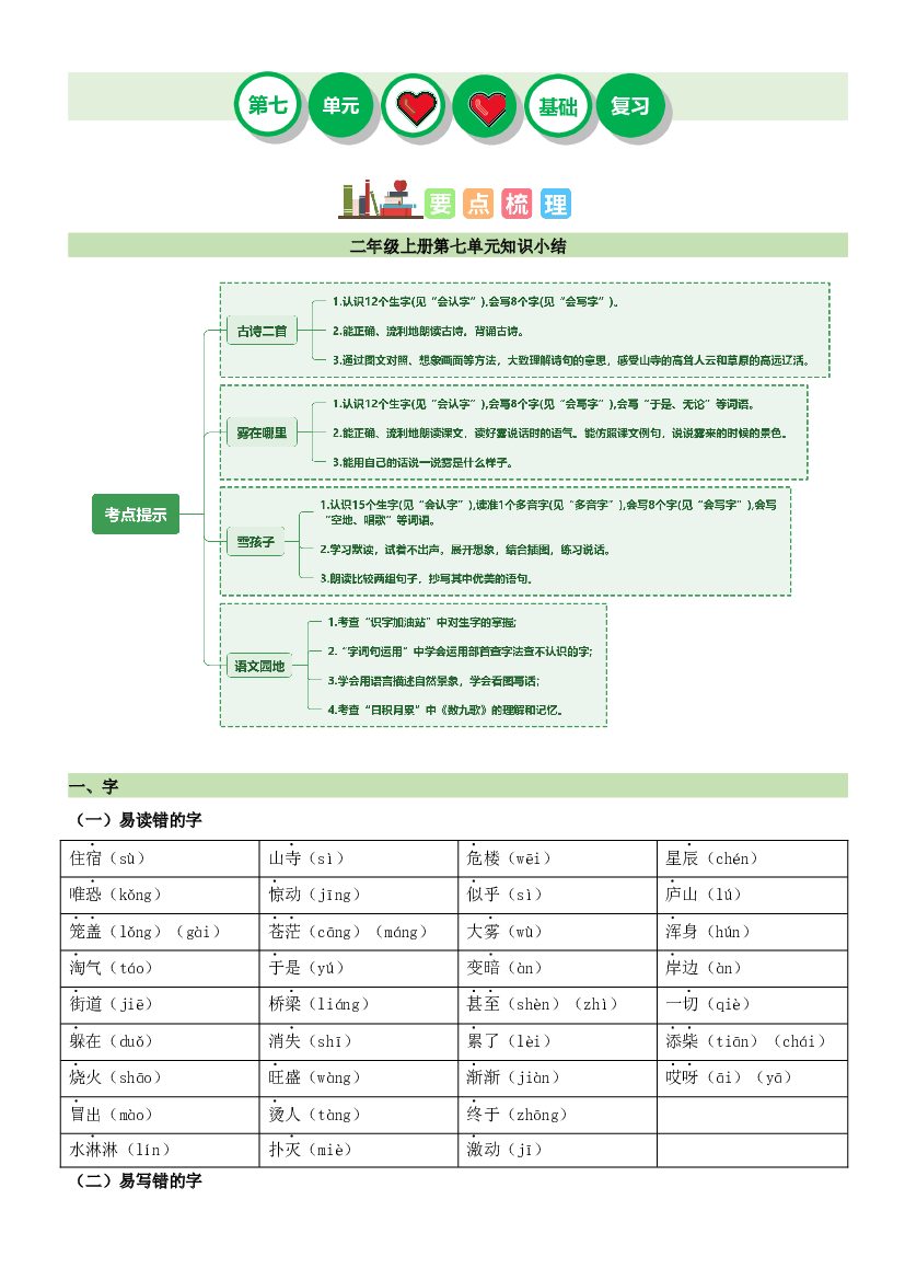 第七单元-2023-2024学年二年级语文上册单元复习（统编版）.docx 第1页