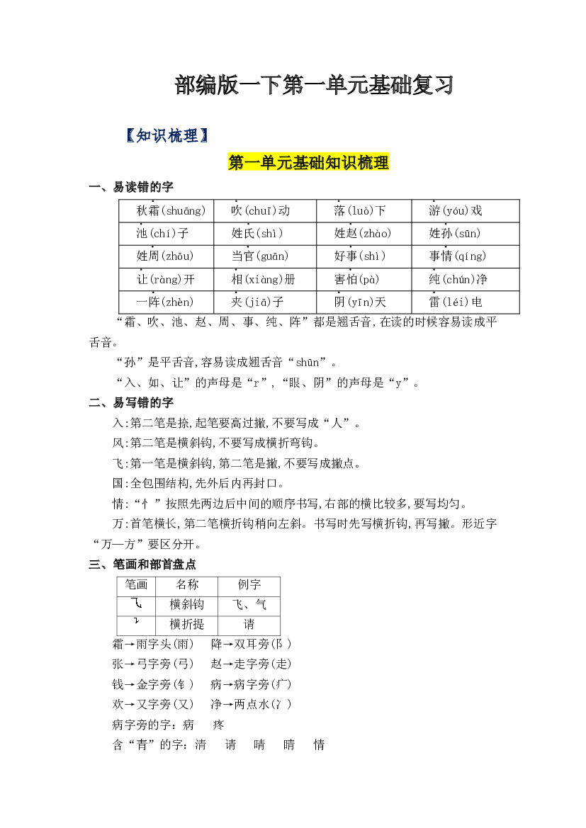 第一单元（知识清单+单元检测）-2022-2023学年一年级语文下册单元复习讲义（部编版）.docx 第1页