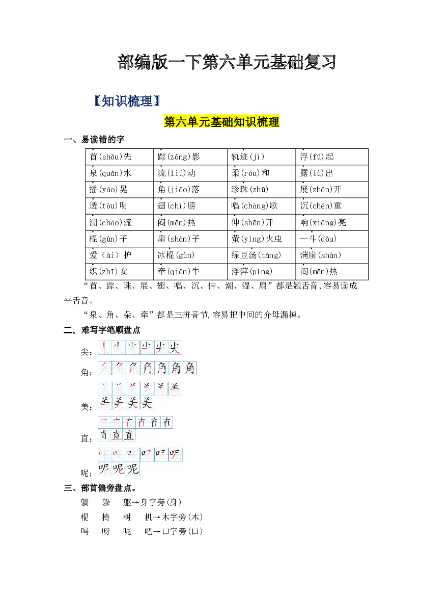 第六单元（知识清单+单元检测）-2022-2023学年一年级语文下册单元复习讲义（部编版）.docx 第1页