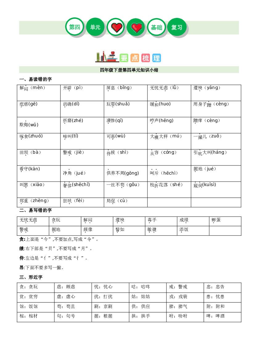 第四单元（讲义+检测）-2022-2023学年四年级语文下册单元复习讲义（部编版）.docx 第1页
