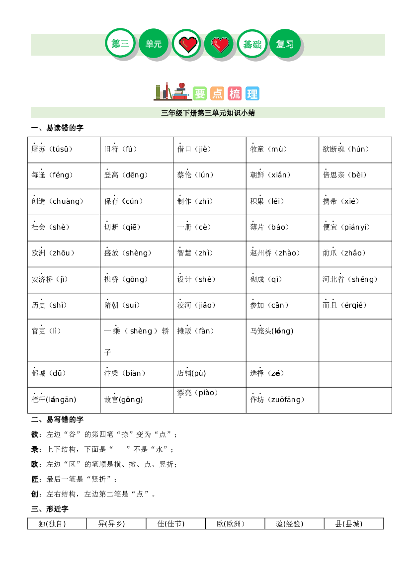 第三单元（讲义+检测）-2022-2023学年三年级语文下册单元复习讲义（部编版）.docx 第1页