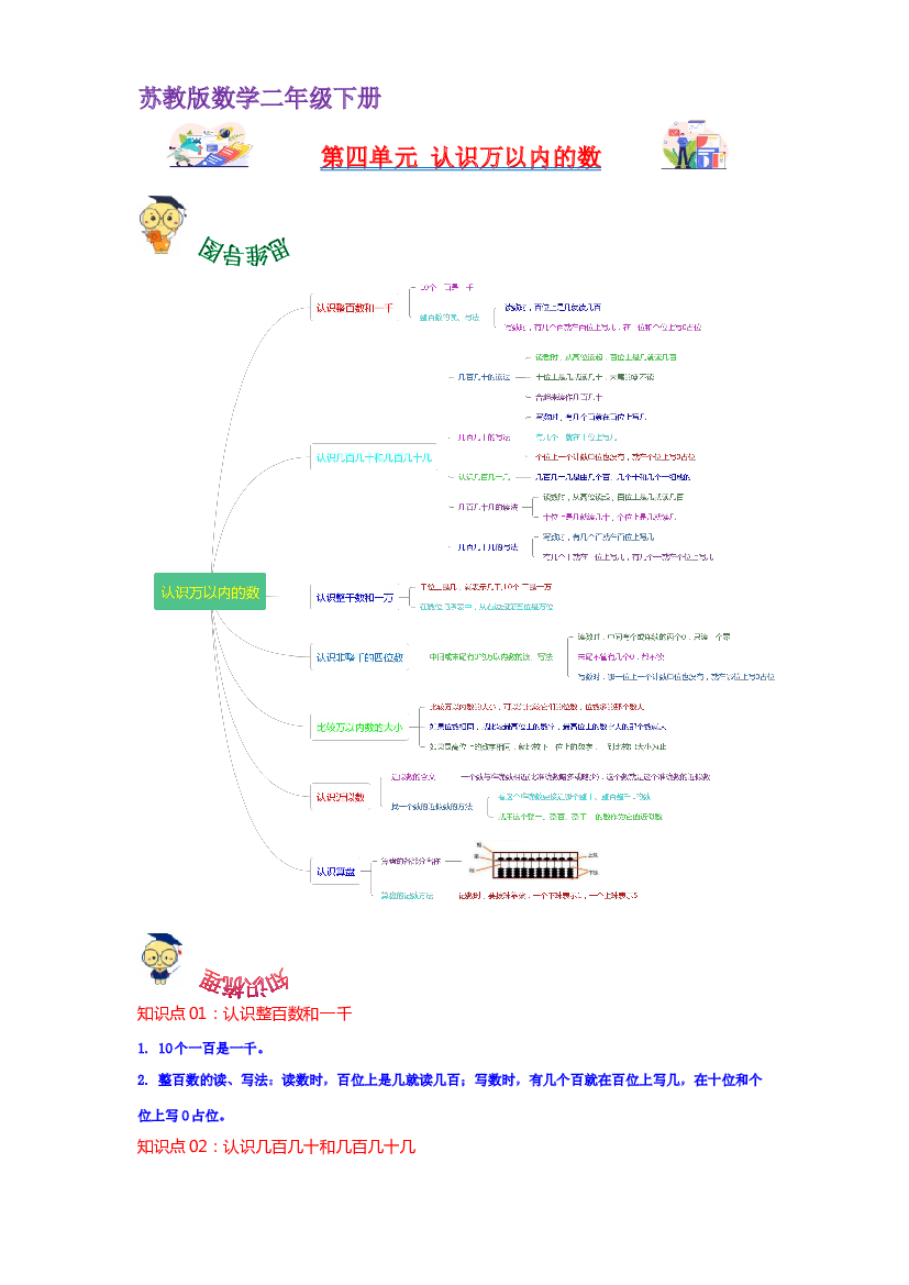 第四单元  认识万以内的数（学生版）-2022-2023学年二年级数学下册单元复习讲义（苏教版）.docx 第1页