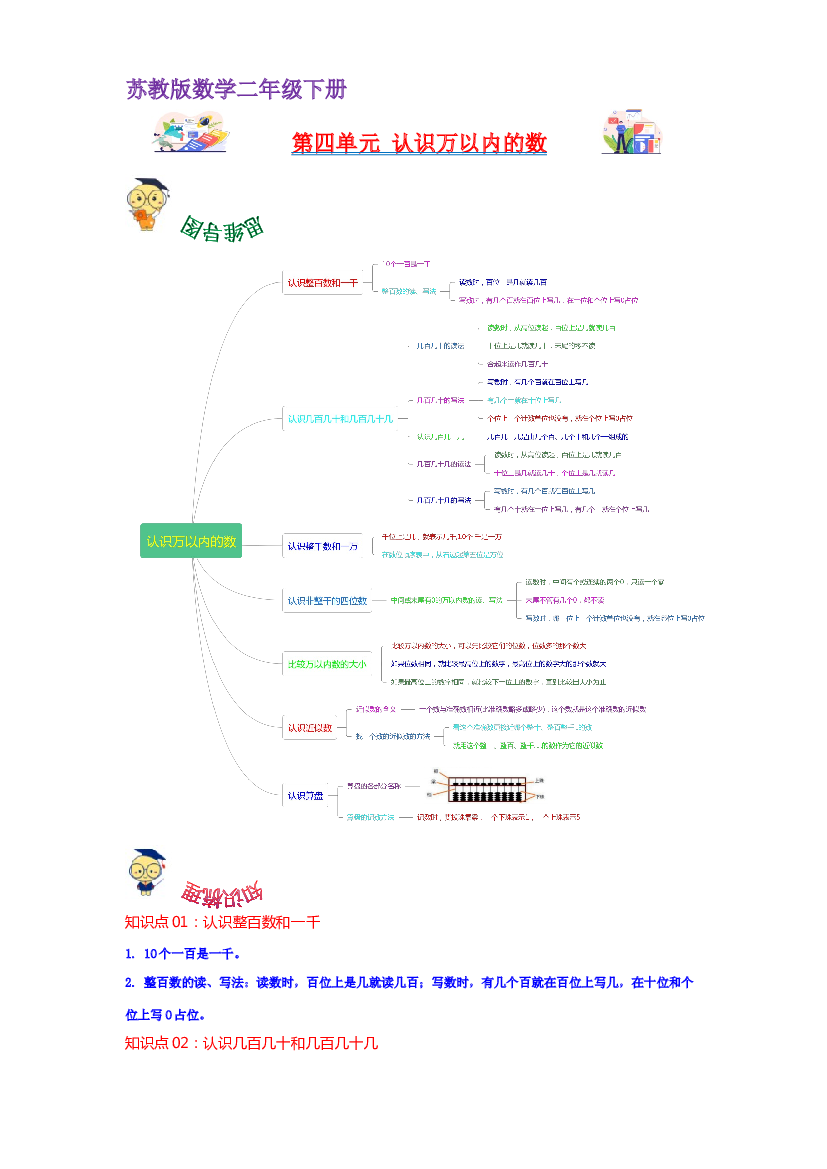 第四单元  认识万以内的数（教师版）-2022-2023学年二年级数学下册单元复习讲义（苏教版）.docx 第1页