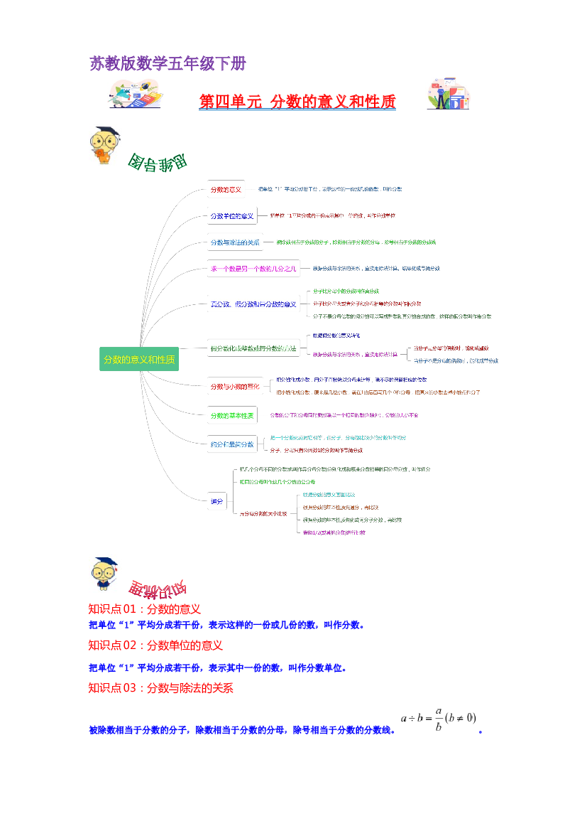 第四单元  分数的意义和性质（学生版）-2022-2023学年五年级数学下册单元复习讲义（苏教版）.docx 第1页