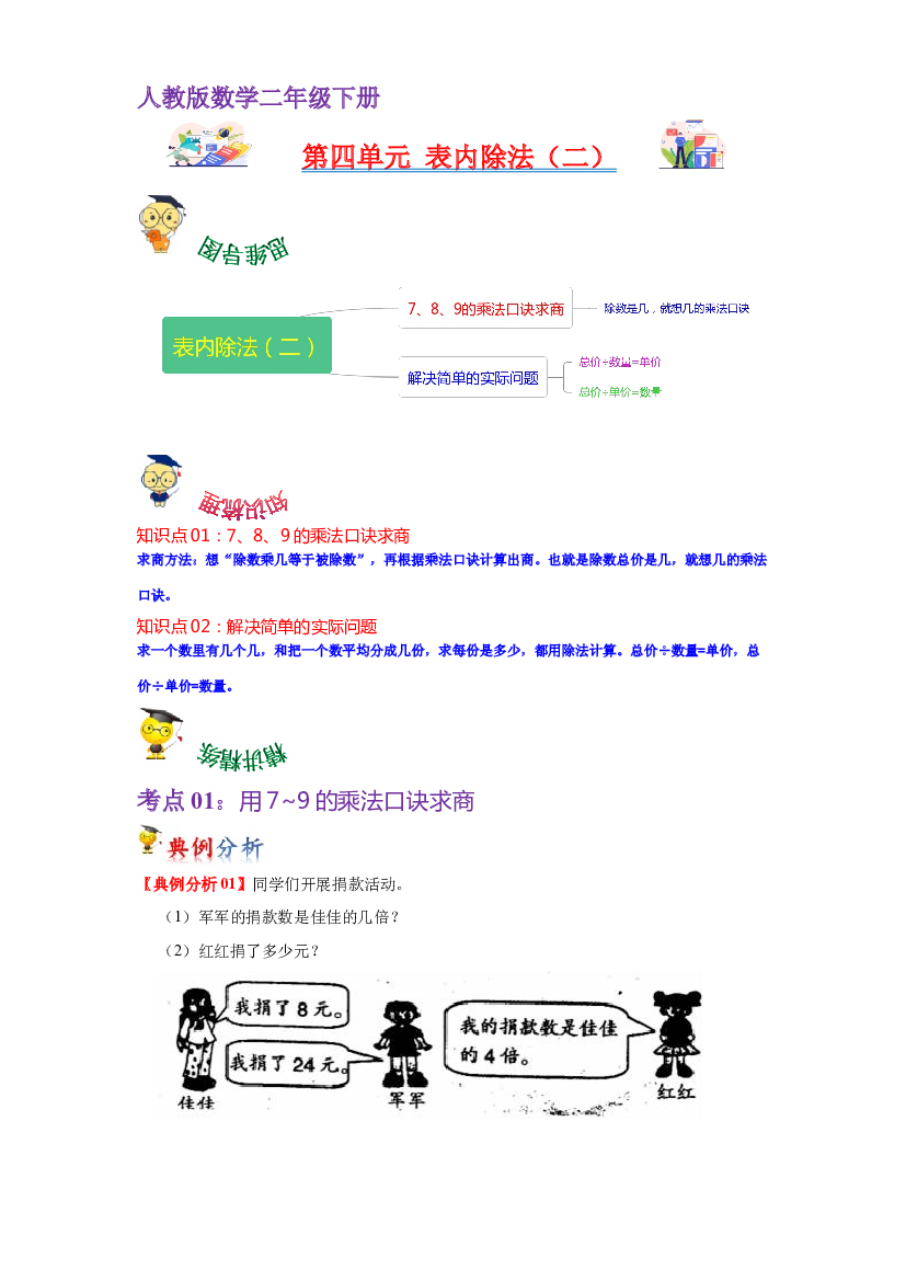 第四单元  表内除法（二）（学生版）-2022-2023学年二年级数学下册单元复习讲义（人教版）.docx 第1页