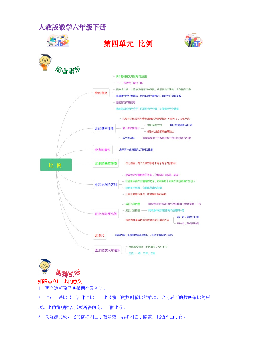 第四单元  比例（学生版）-2022-2023学年六年级数学下册单元复习讲义（人教版）.docx 第1页