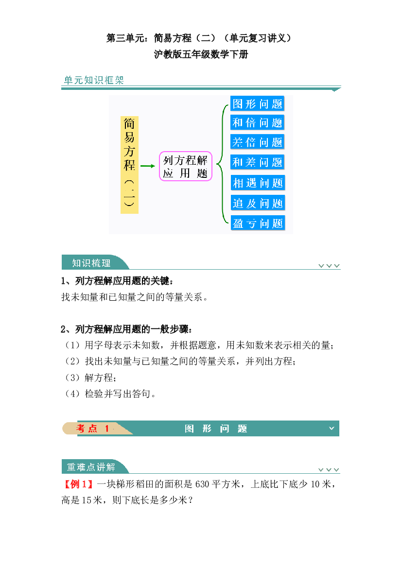 第三单元：简易方程（二）（单元复习讲义）-沪教版五年级数学下册.docx 第1页