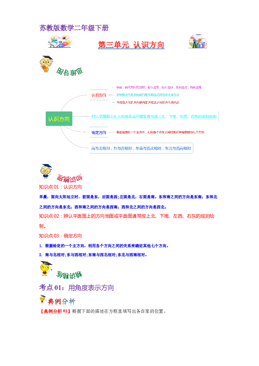 第三单元  认识方向（教师版）-2022-2023学年二年级数学下册单元复习讲义（苏教版）.docx 第1页