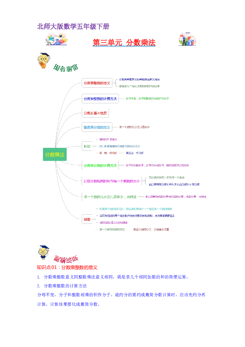 第三单元  分数乘法（学生版）-2022-2023学年五年级数学下册单元复习讲义（人教版）.docx 第1页
