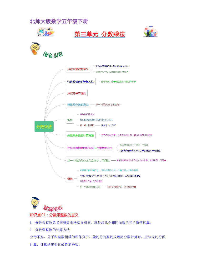 第三单元  分数乘法（教师版）-2022-2023学年五年级数学下册单元复习讲义（人教版）.docx 第1页