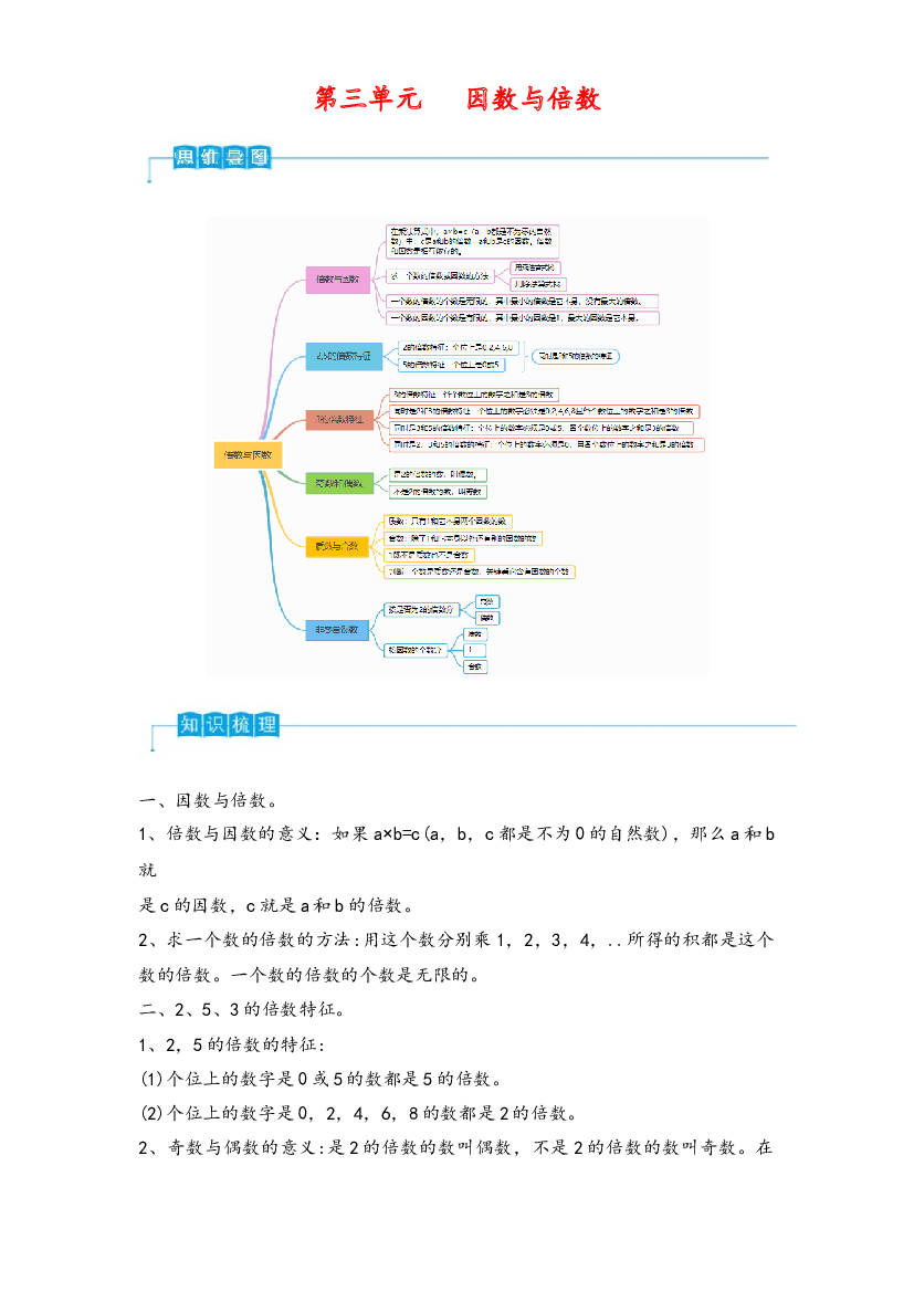 第三单元   因数与倍数（思维导图&middot;知识梳理&middot;真题演练） -2023-2024学年五年级数学上册弯道超车通关讲练测（北师大版）.docx 第1页