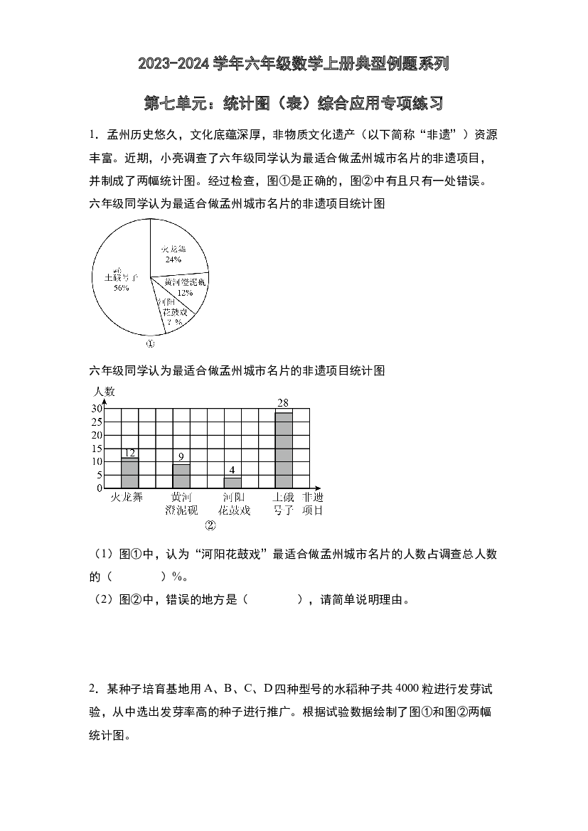 第七单元：统计图（表）综合应用专项练习-2023-2024学年六年级数学上册典型例题系列（原卷版）人教版.docx 第1页