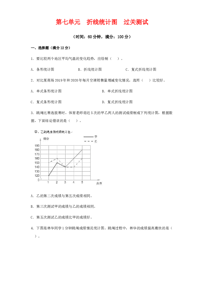 第七单元 折线统计图（过关测试）-2021-2022学年五年级数学下册单元复习过过过（人教版）.docx 第1页