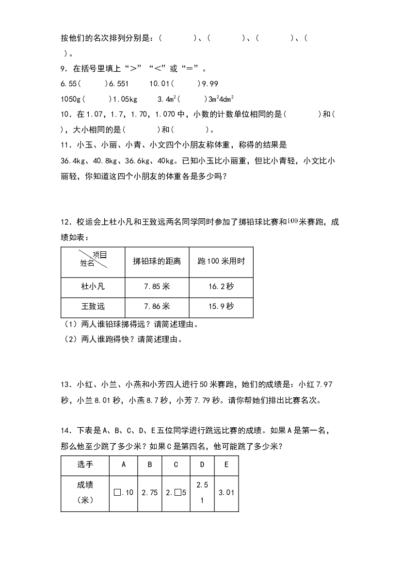 2022-2023学年五年级数学上册典型例题系列之第三单元：小数的大小比较专项练习（原卷版）苏教版.docx 第2页