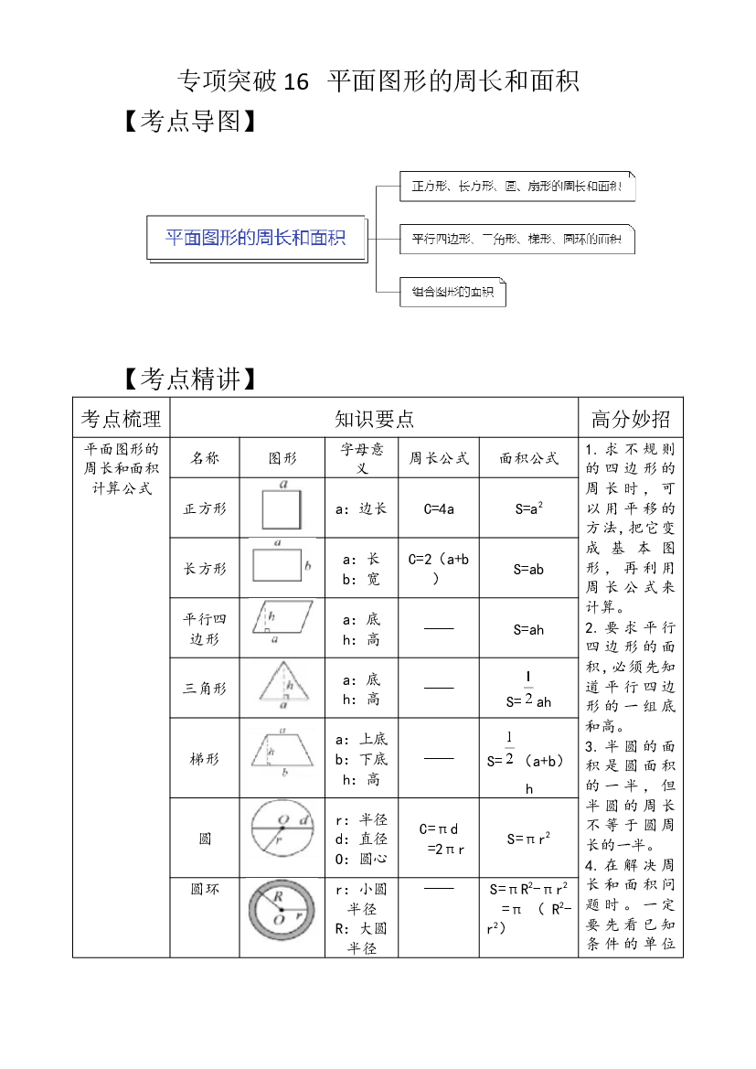 专项突破16-平面图形的周长和面积（讲义）六年级下册小升初数学高频考点专项培优卷（通用版）.docx 第1页
