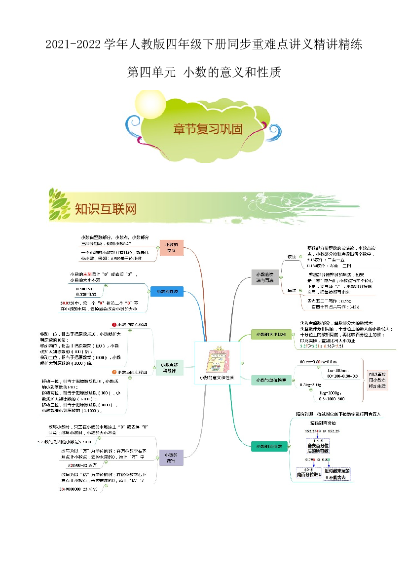 第四单元《小数的意义和性质》章节复习巩固&mdash;2021-2022学年数学四年级下册重难点讲义精讲精练（原卷）人教版.docx 第1页