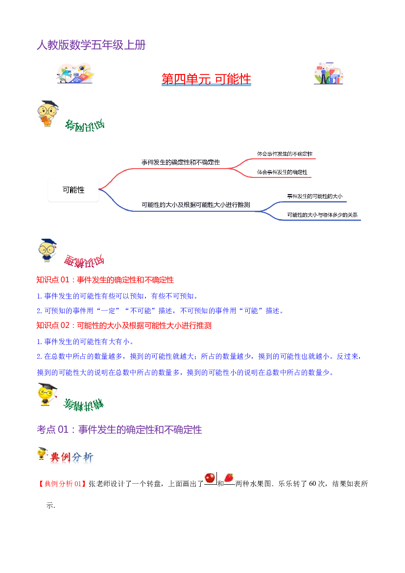 第四单元  可能性（学生版）-（复习讲义）2023-2024学年五年级上册数学单元hz102（人教版）.docx 第1页