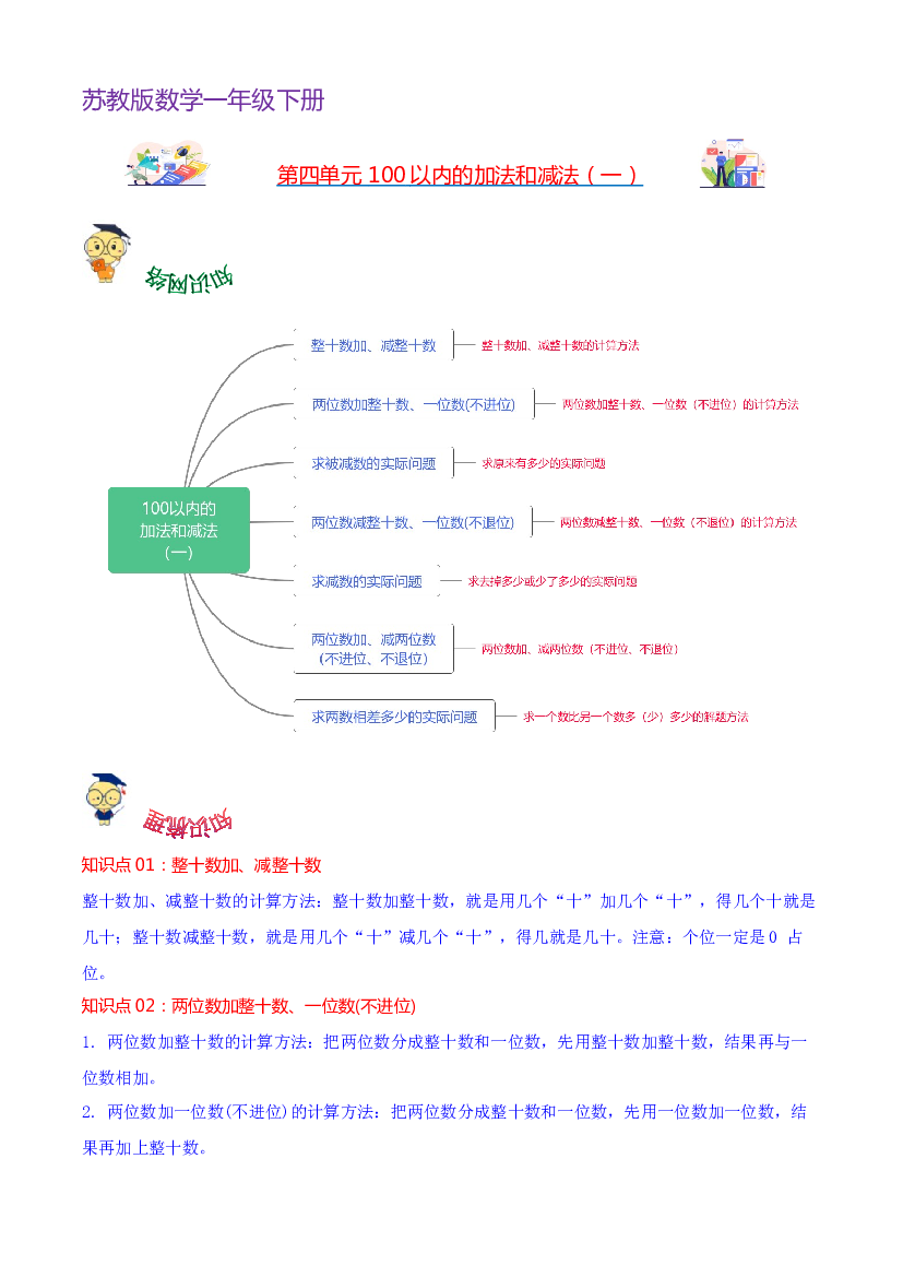 第四单元  100以内的加法和减法（一）-2023-2024学年数学一年级下册单元hz102（苏教版）.docx 第1页