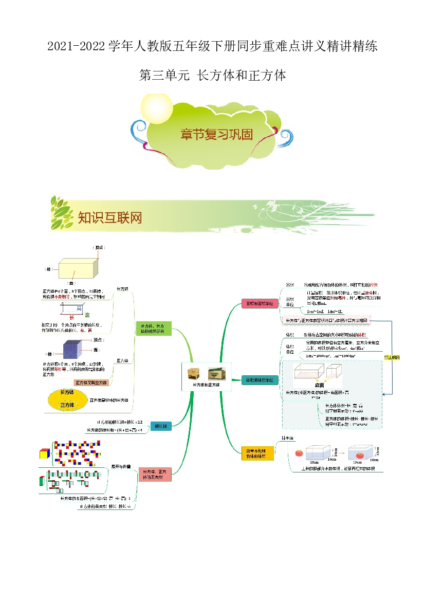 第三单元《长方体和正方体》章节复习巩固&mdash;2021-2022学年数学五年级下册重难点讲义精讲精练（解析）人教版.docx 第1页