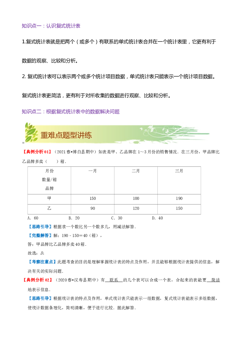 第三单元《复式统计表》章节复习巩固&mdash;2021-2022学年数学三年级下册重难点讲义精讲精练（原卷）人教版.docx 第2页