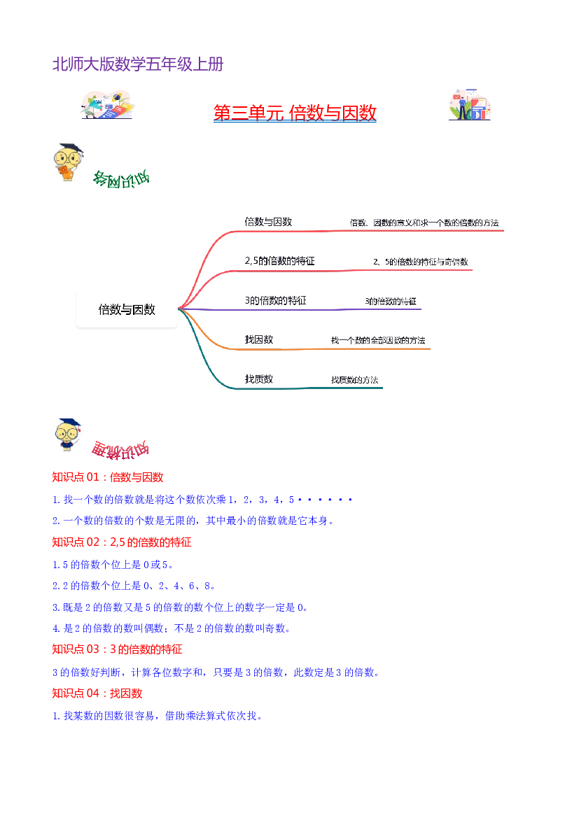 第三单元  倍数与因数（学生版）-（复习讲义）2023-2024学年五年级上册数学单元hz102（北师大版）.docx 第1页