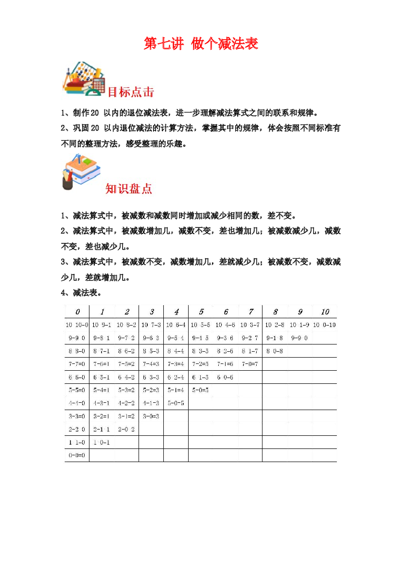第七讲&nbsp; 做个减法表-2023-2024学年一年级下册数学寒假自学课（北师大版）.docx 第1页