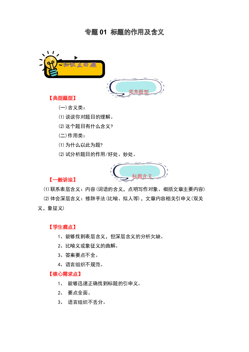 01 标题的作用及含义-2022-2023学年小升初语文记叙文知识点衔接（部编版）.docx 第1页