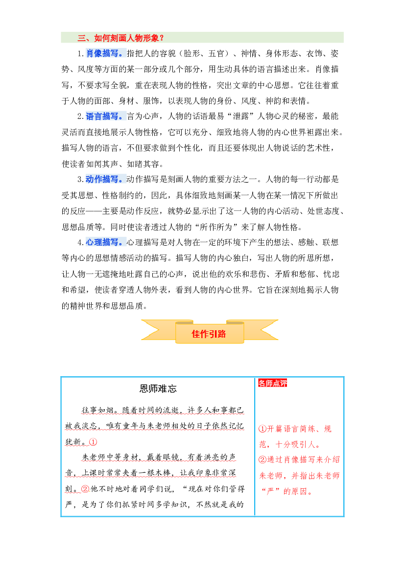 小升初语文作文技法精讲 3 师恩难忘&mdash;&mdash;如何把人物的形象刻画得更鲜明（方法概述+佳作引路+美文欣赏+素材积累+习作演练）.docx 第2页