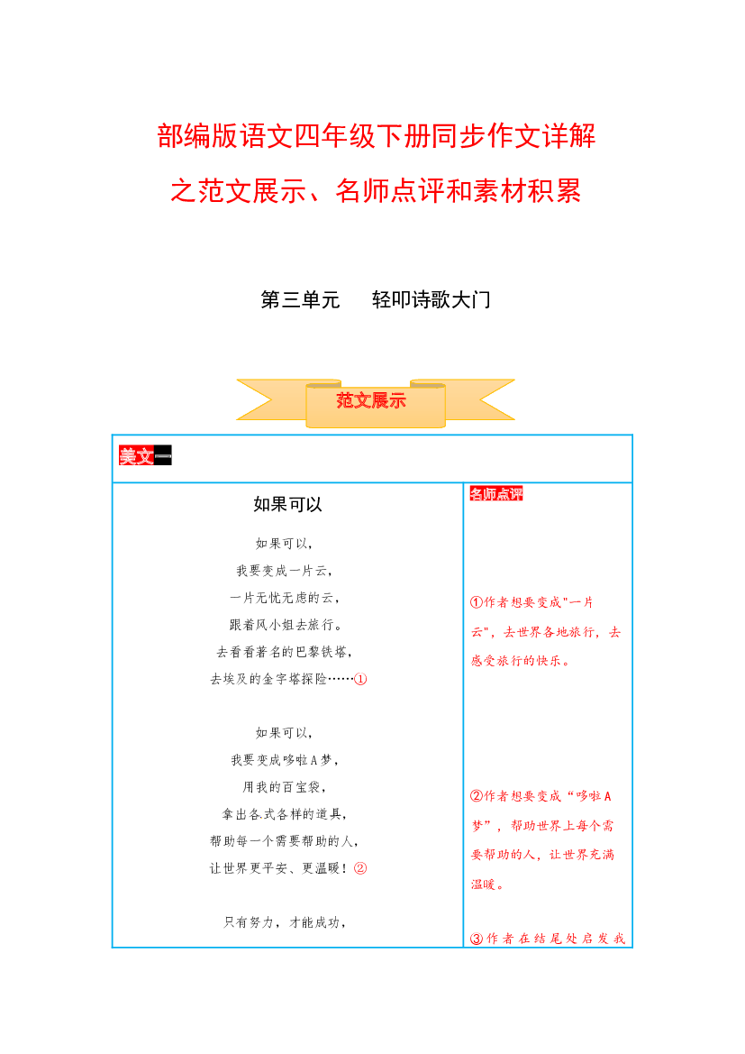 四年级下册语文作文 范文展示+名师点评+素材积累 第三单元 轻叩诗歌大门（部编版）.docx 第1页