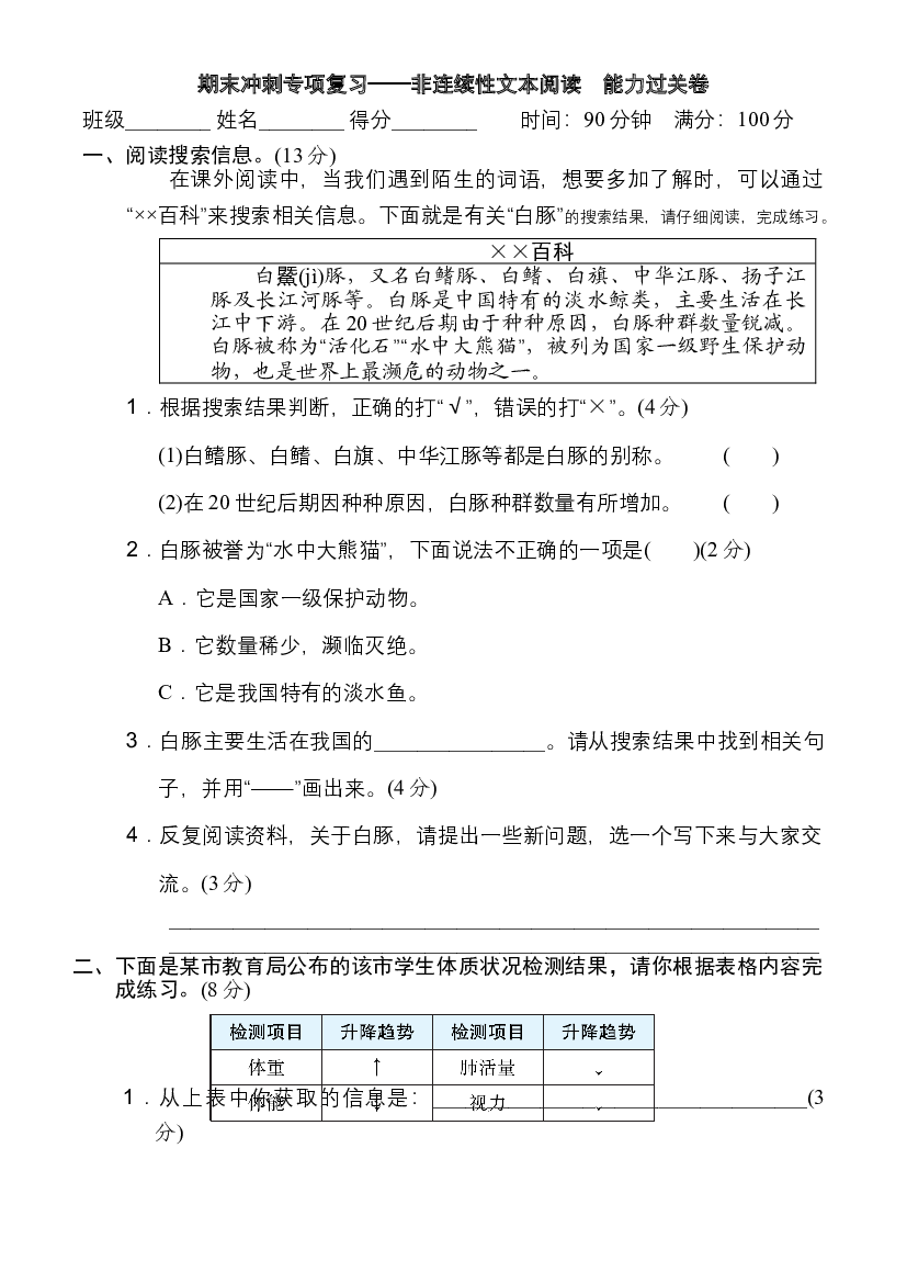 人教部编版四年级语文下册 期末冲刺专项复习&mdash;&mdash;非连续性文本阅读　能力过关卷（含答案）.doc 第1页