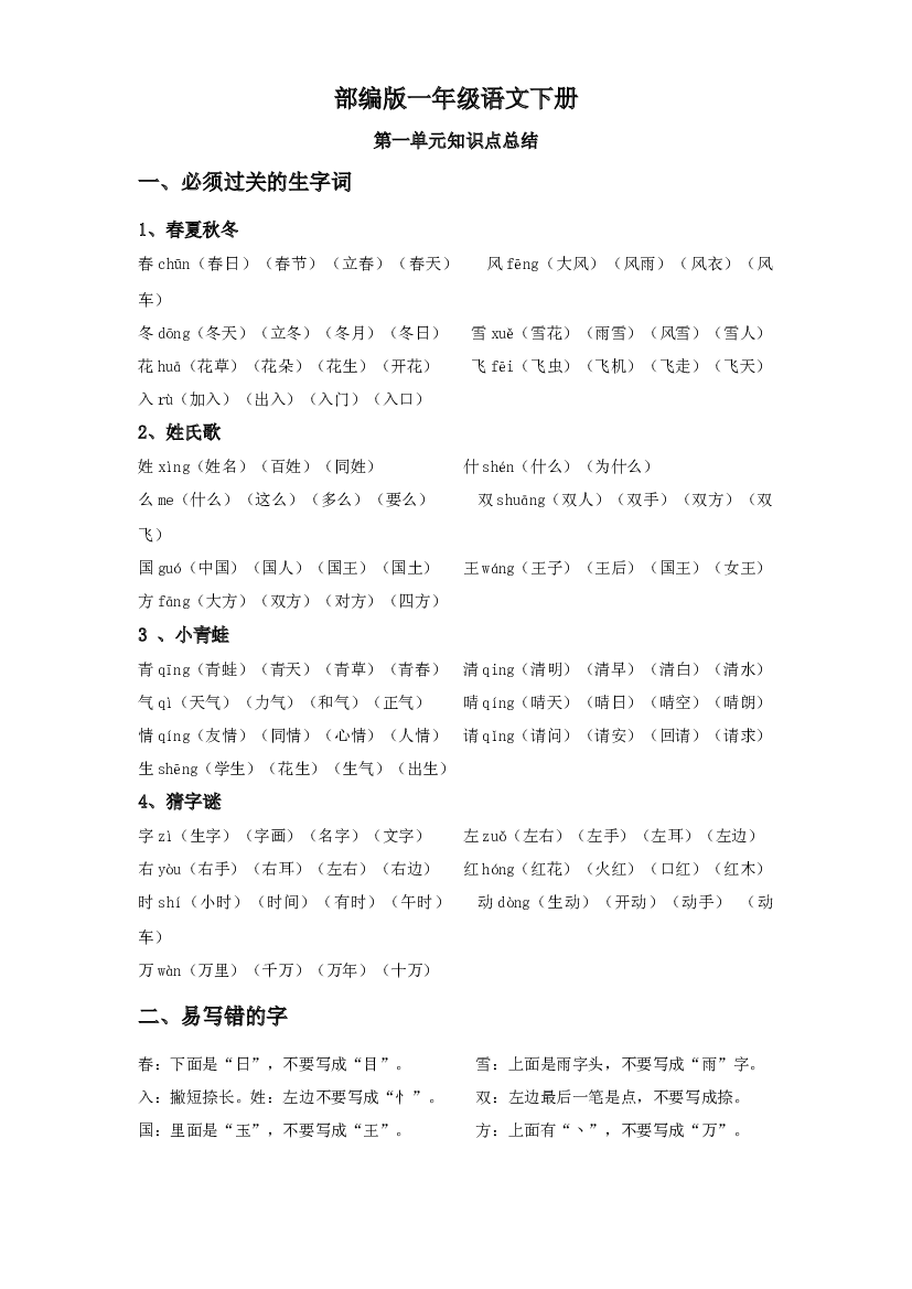 第一单元知识点总结+单元试卷 一年级语文下册 部编版.docx 第1页