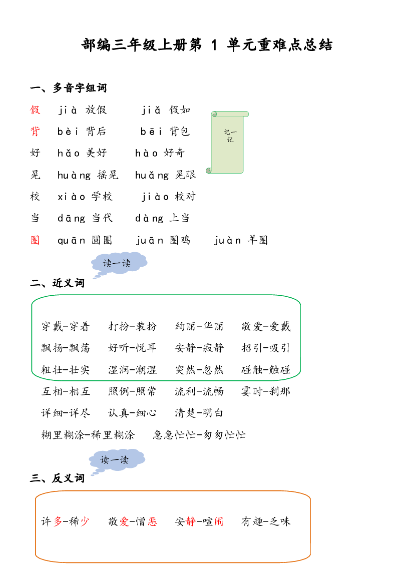 第一单元知识点归纳（素材）部编版语文三年级上册.docx 第1页