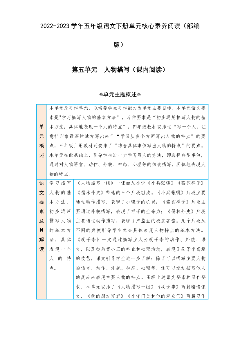 第五单元 人物描写（课内阅读）-2022-2023学年五年级语文下册单元核心素养阅读（部编版）.docx 第1页