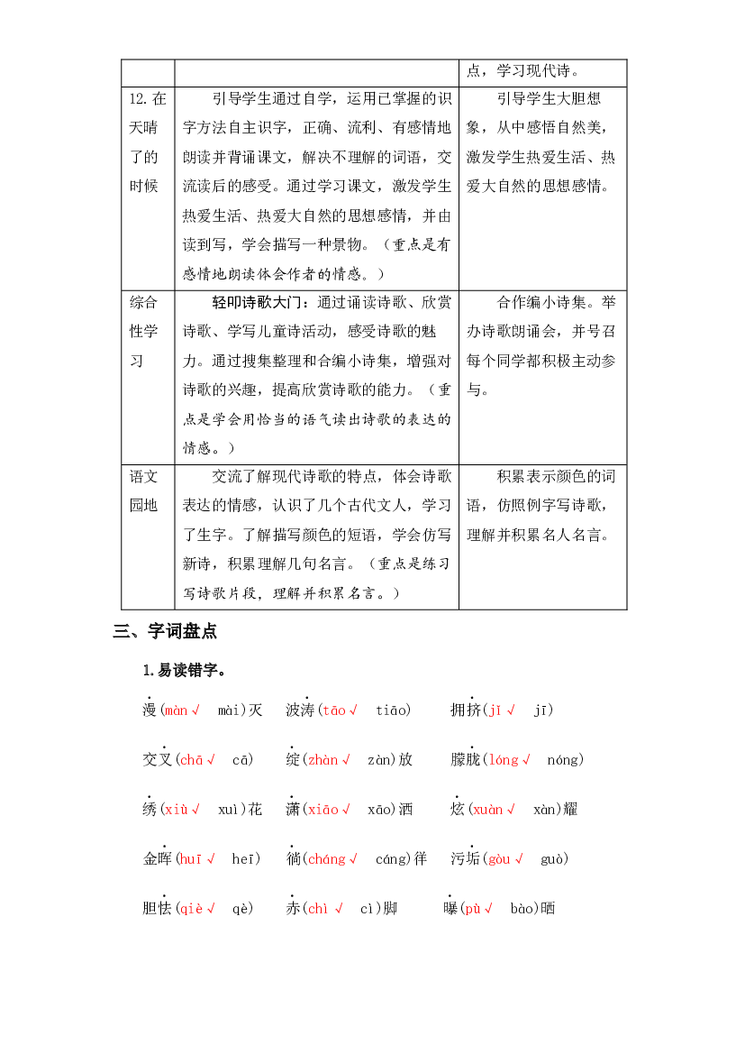 第三单元知识盘点（含字词、佳句、感知、考点）四年级语文下册 部编版.docx 第2页