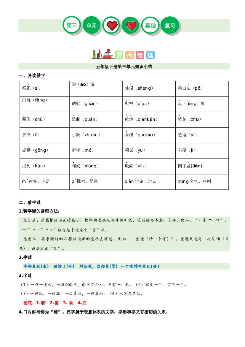 第三单元（讲义+检测）-2022-2023学年五年级语文下册单元复习讲义（部编版）.docx 第1页