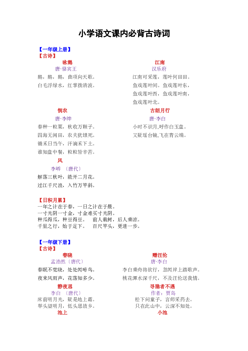 小学语文课内必背古诗词汇总（部编版）.docx 第1页