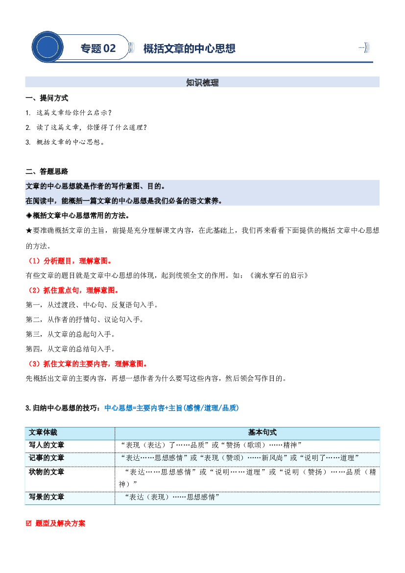 02 概括文章的中心思想-2023年小升初语文阅读理解专项复习讲练测（部编版）.docx 第1页