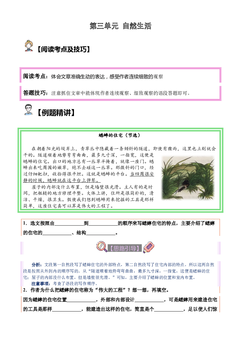 【单元主题阅读】第三单元：自然生活（试题）四年级语文上册  部编版（含答案、解析）.docx 第1页