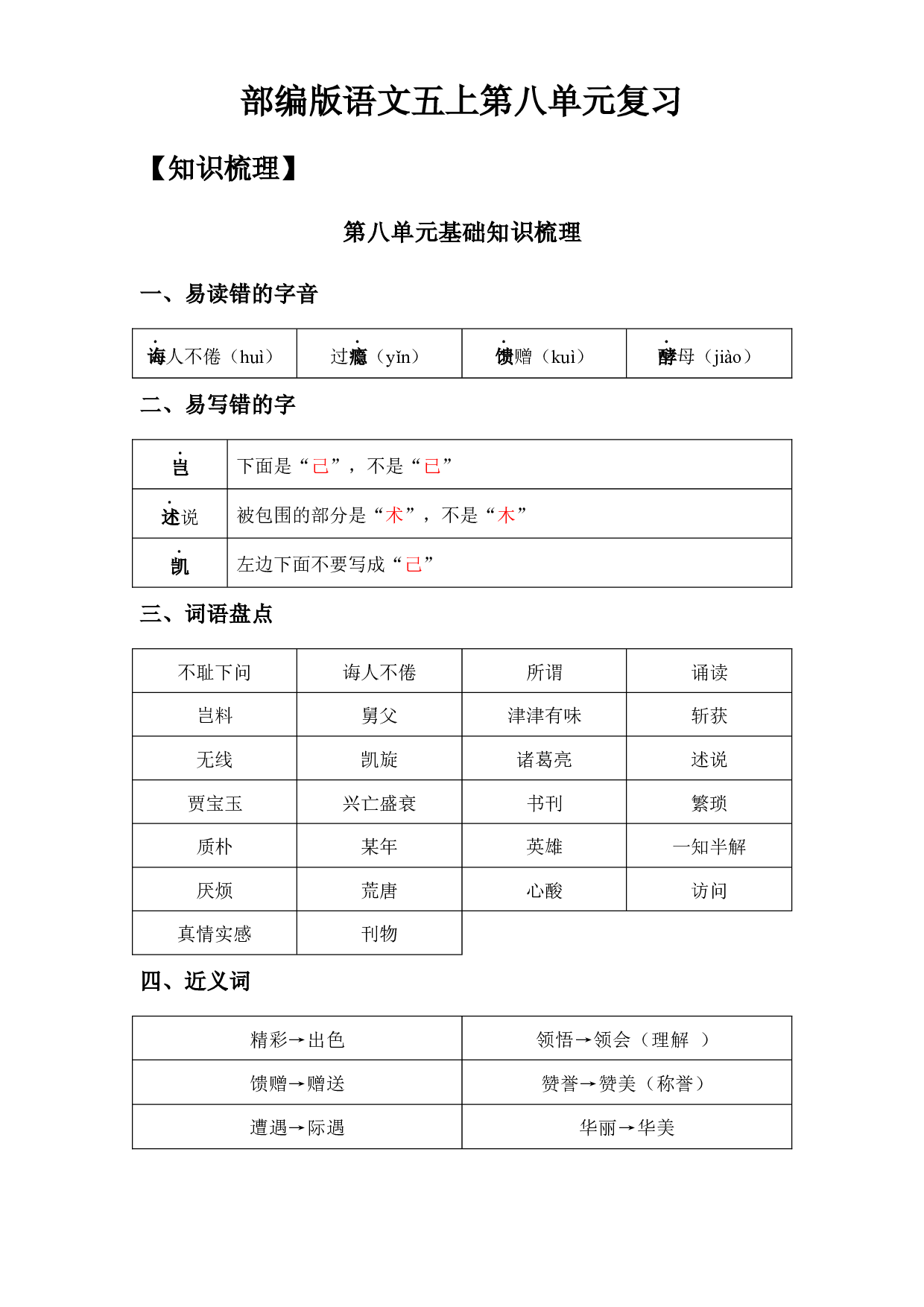 第8单元基础复习（知识梳理+检测）五年级语文上册  部编版.docx 第1页