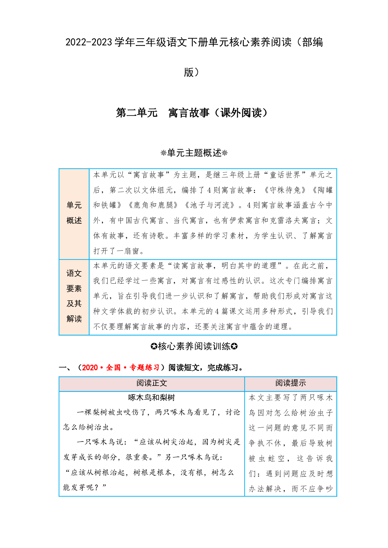 第二单元 寓言故事（课外阅读）-2022-2023学年三年级语文下册单元核心素养阅读（部编版）.docx 第1页