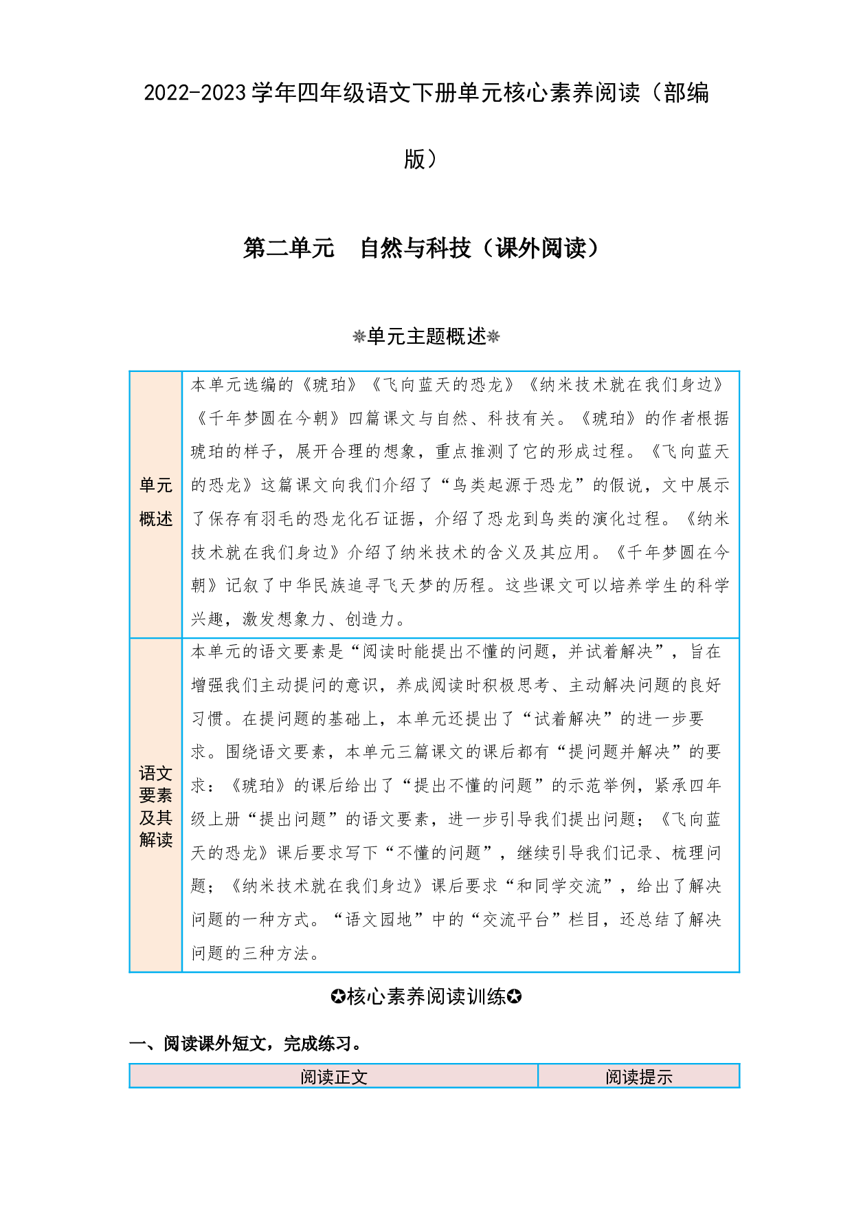 第二单元 自然与科技（课外阅读）-2022-2023学年四年级语文下册单元核心素养阅读（部编版）.docx 第1页