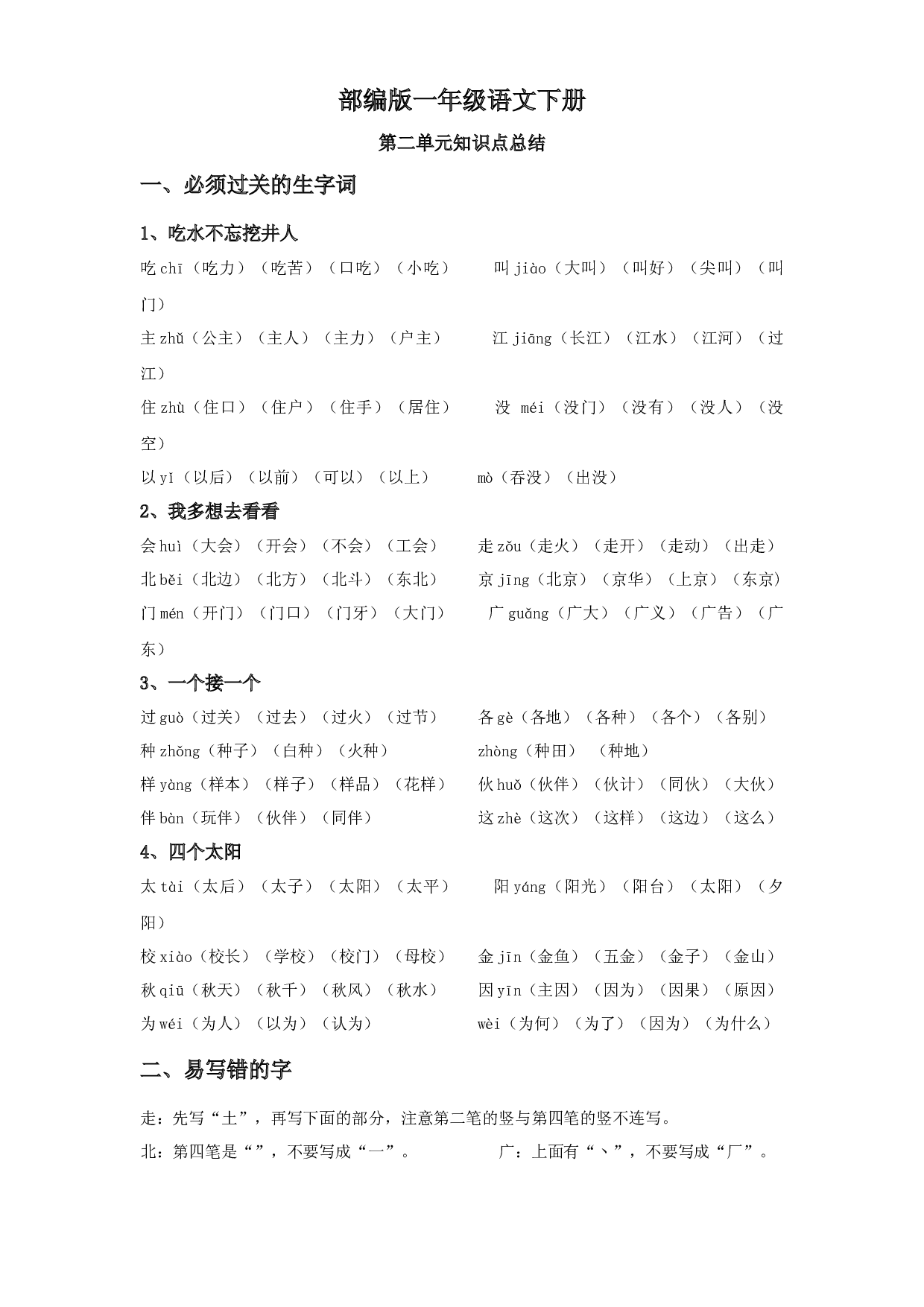 第二单元知识点总结+单元试卷 一年级语文下册 部编版.docx 第1页