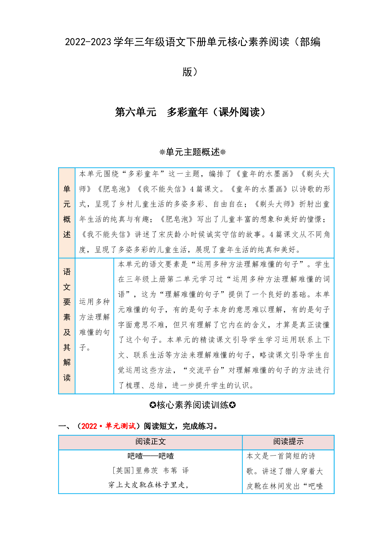 第六单元 多彩童年（课外阅读）-2022-2023学年三年级语文下册单元核心素养阅读（部编版）.docx 第1页